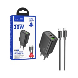 Hoco Charger N63 Gentle 2 Ports USB+Tipo-C PD30W GAN with Type-C to Lightning Cable 1m Black