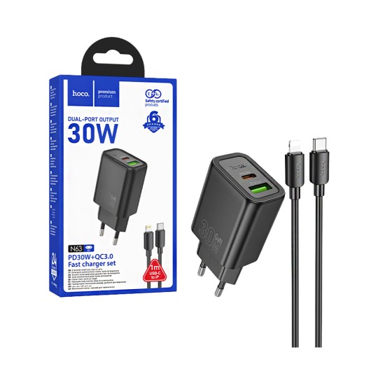 Carregador Hoco N63 Gentle 2 Portas USB-A+Tipo-C PD30W GAN com Cabo Tipo-C para Lightning 1m Negro Carregador Hoco N63 Gentle 2 Portas USB-A+Tipo-C PD30W GAN com Cabo Tipo-C para Lightning 1m Negro