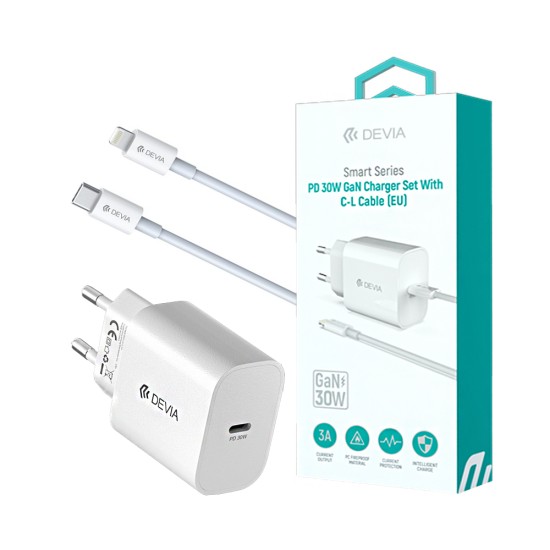 Carregador Devia RCE-30005CL Smart Series Tipo-C PD 30W GAN com Cabo Tipo-C para Lightning 1m Branco