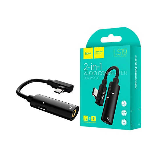 Cabo Adaptador de Áudio 2 em1 Hoco LS19 Tipo-C para Fêmea Tipo-C+3,5mm Preto