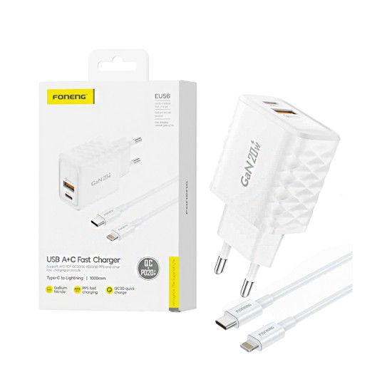 Carregador Foneng EU56 2 Portas USB-A+Tipo-C QC3,0+PD20W GAN com Cabo Tipo-C para Lightning 1m Branco