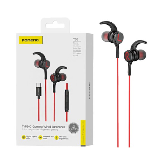 Foneng Gaming Earphones T68 Angled In-Ear Heavy Bass Type-C 1.2m Red