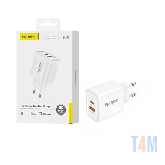 Adaptador Foneng EU52 2 Portas USB-A+Tipo-C PD 30W Branco