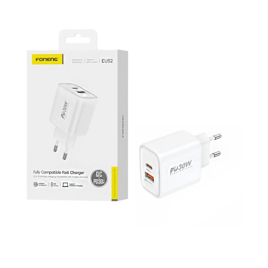 Foneng Adapter EU52 2 Ports USB+Tipo-C PD 30W White