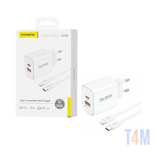 Carregador Foneng EU52 2 Portas USB-A+Tipo-C PD 30W com cabo Tipo-C para Lightning Branco