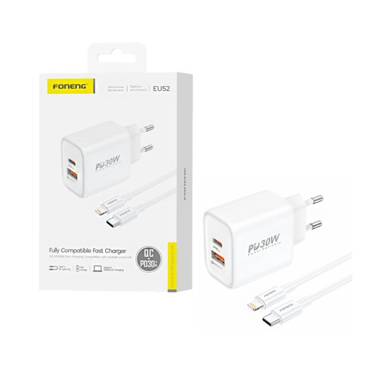 Foneng Charger EU52 2 Ports USB+Tipo-C PD 30W with Type-C to Lightning Cable White