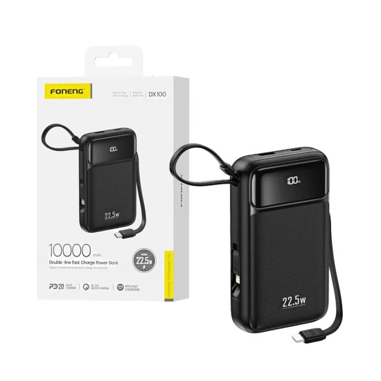 Power Bank Foneng DX100 con 2-em-1 Outputs Lightning+Type-C PD20W 10000mAh Preto