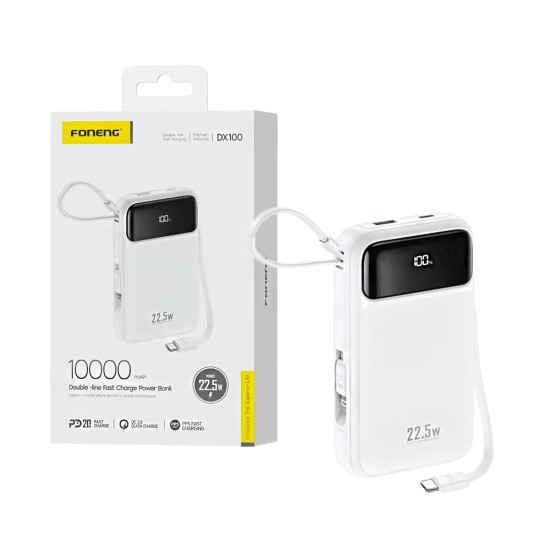 Power Bank Foneng DX100 con 2-em-1 Outputs Lightning+Type-C PD20W 10000mAh Branco