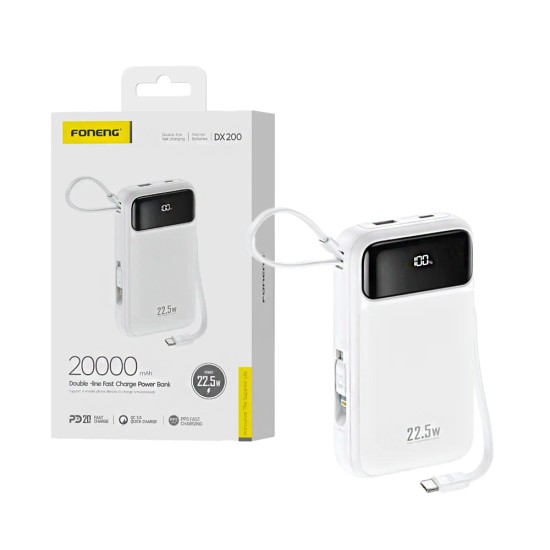 Power Bank Foneng DX200 con 2-em-1 Outputs Lightning+Type-C PD20W 20000mAh Branco