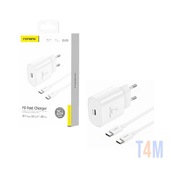 Carregador Foneng EU51 PD 25W GAN com cabo Tipo-C para Tipo-C Branco