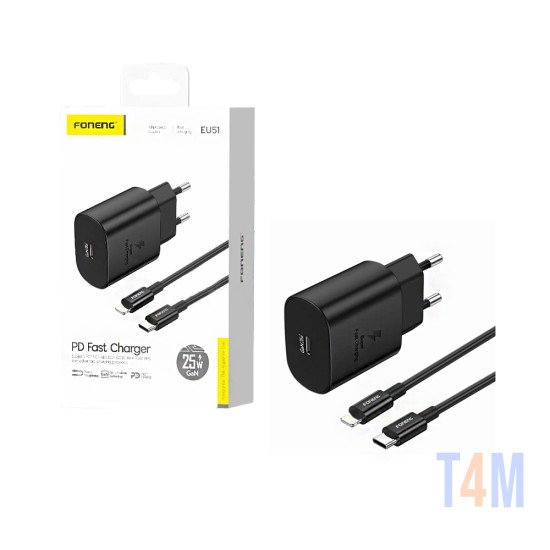 Carregador Foneng EU51 PD 25W GAN com cabo Tipo-C para Lightning Preto