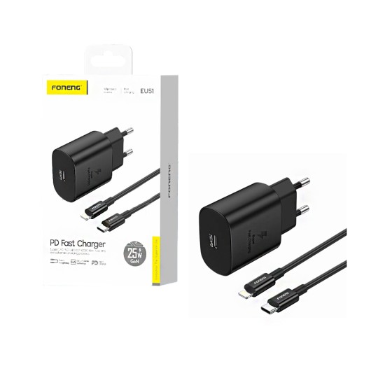 Foneng Charger EU51 PD 25W GAN with Type-C to Lightning Cable Black