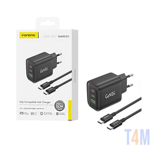 Foneng Charger GAN10 3 Ports USB+2 Type-C PD 65W GAN with Type-C to Type-C Cable Black