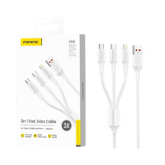 Cabo de Carregamento 3 em 1 Foneng XS01 (Lightning+Type-C+Micro) 3A 1,2M Branco Cabo de Carregamento 3 em 1 Foneng XS01 (Lightning+Type-C+Micro) 3A 1,2M Branco