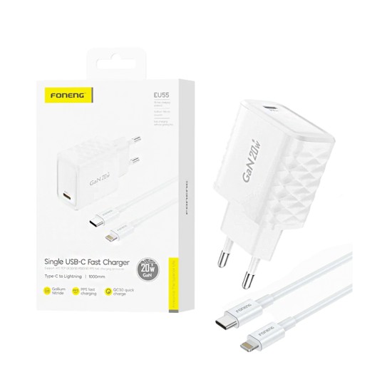 Carregador Foneng EU55 Tipo-C PD 20W GAN com Cabo Tipo-C para Lightning 1m Branco