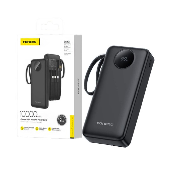 Power Bank Foneng DX101 con 4-em-1 Outputs USB+Lightning+Micro+Tipo-C 2A 10000mAh Preto