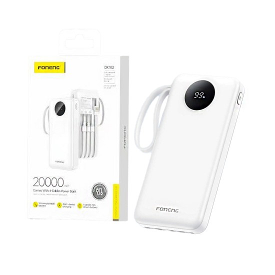 Power Bank Foneng DX102 con 4-em-1 Outputs USB+Lightning+Micro+Tipo-C 2A 20000mAh Branco