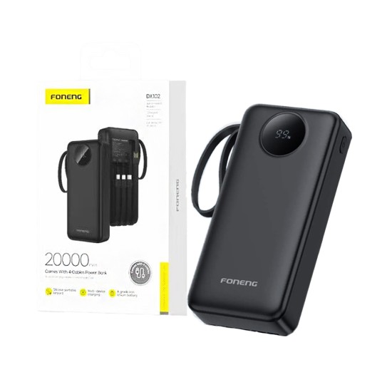 Power Bank Foneng DX102 con 4-em-1 Outputs USB+Lightning+Micro+Tipo-C 2A 20000mAh Preto