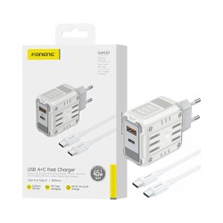 Carregador Foneng GaN20 2 Portas USB-A+Tipo-C 45W GAN com Cabo Tipo-C para Tipo-C 1m Branco