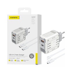 Carregador Foneng GaN30 2 Portas USB-A+Tipo-C 65W GAN com Cabo Tipo-C para Tipo-C 1m Branco