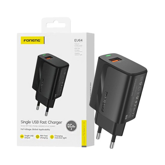 Foneng Adapter EU64 USB 3A 18W Black Foneng Adapter EU64 USB 3A 18W Black