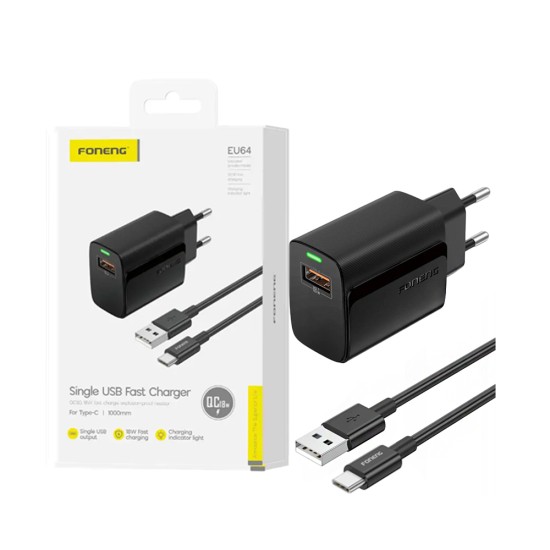 Foneng Charger EU64 USB 3A 18W with Type-C cable 1m Black Foneng Charger EU64 USB 3A 18W with Type-C cable 1m Black