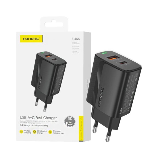Foneng Adapter EU66 2 Ports USB+Tipo-C PD 20W Black Foneng Adapter EU66 2 Ports USB+Tipo-C PD 20W Black