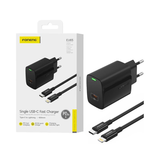 Foneng Charger EU65 Type-C PD 20W with Type-C to Lightning Cable 1m Black