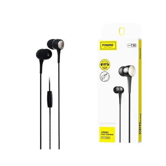 Foneng Wired Earphones T30 with Microphone 3.5mm 1.2m Black