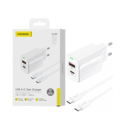 Carregador Foneng EU66 2 Portas USB-A+Tipo-C PD 20W com Cabo Tipo-C para Tipo-C 1m Branco