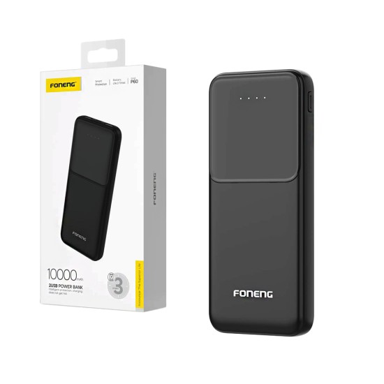 Power Bank Foneng P60 com 2 Puertos Outputs USB 10000mAh Preto