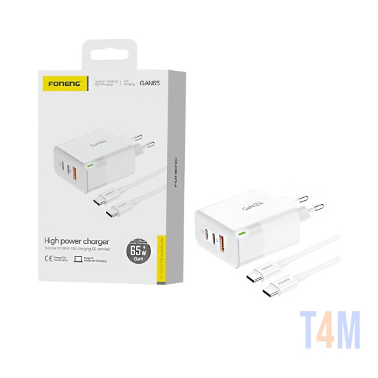 Foneng Charger GAN65 3 Ports USB+2 Type-C PD 65W GAN with Type-C to Type-C Cable White