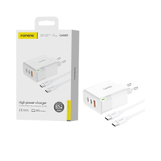 Foneng Charger GAN65 3 Ports USB+2 Type-C PD 65W GAN with Type-C to Type-C Cable White