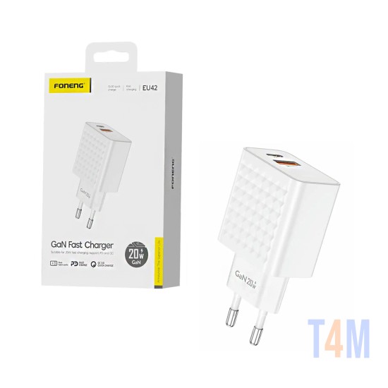 Adaptador Foneng EU42 2 Portas USB-A+Tipo-C PD 20W GAN Branco