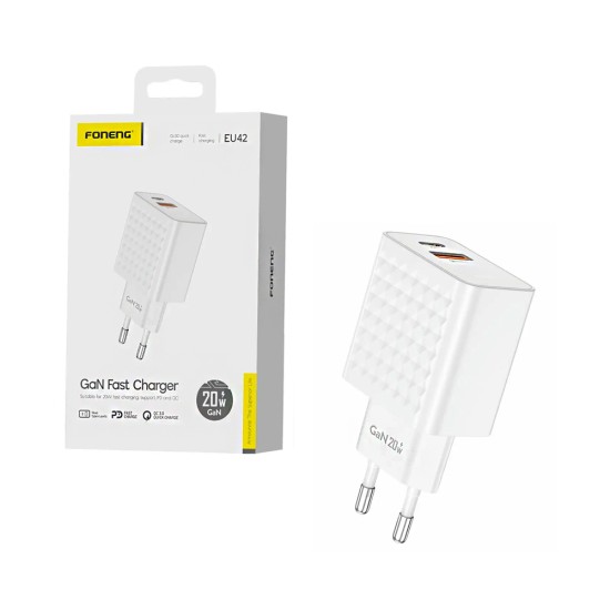 Foneng Adapter EU42 2 Ports USB+Tipo-C PD 20W GAN White