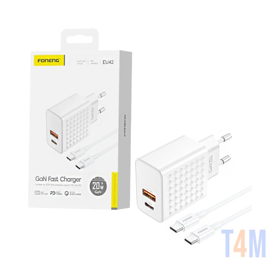 Foneng Charger EU42 2 Ports USB+Tipo-C PD 20W GAN with Type-C to Type-C Cable White