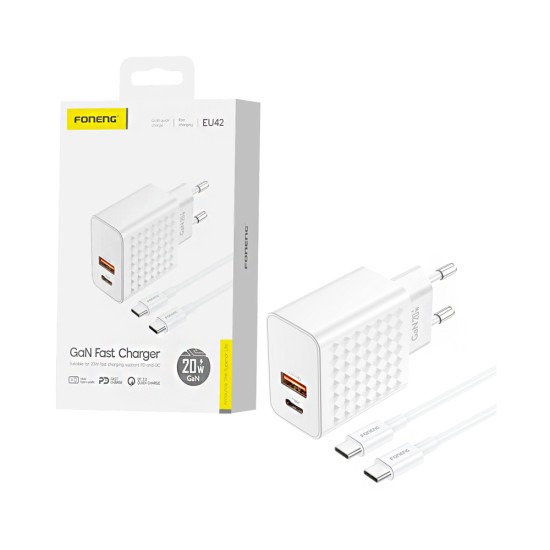 Foneng Charger EU42 2 Ports USB+Tipo-C PD 20W GAN with Type-C to Type-C Cable White