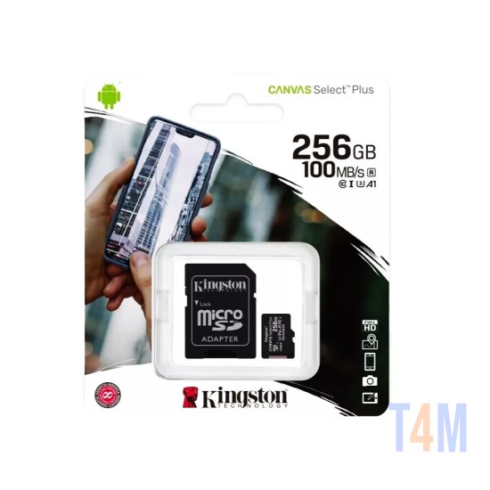 Cartão de Memória Micro SDXC Kingston Canvas Select Plus 256GB UHS-I U3 V30 A2 com Adaptador