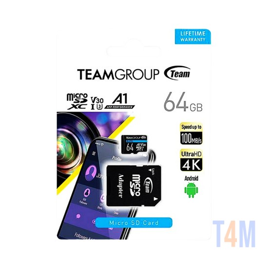 Cartão de Memória MicroSDXC Team Group 64GB USH-I Classe 10 com Adaptador