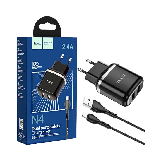 Hoco Charger N4 Aspiring 2 Ports USB-A 2.4A with Micro Cable 1M Black