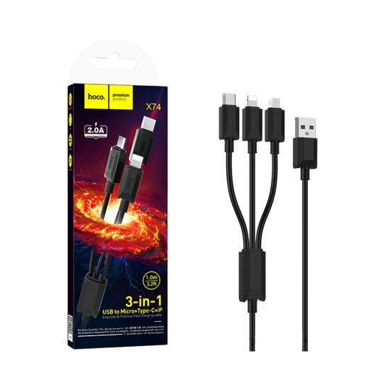 Hoco 3 in 1 Charging Cable X74 USB-A to (Lightning+Micro+Type-C) 2A 1M Black Hoco 3 in 1 Charging Cable X74 USB-A to (Lightning+Micro+Type-C) 2A 1M Black