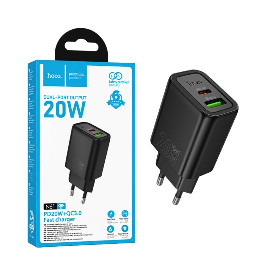 Hoco Adapter N61 Gentle 2 Ports USB+Type-C PD20W GAN Black