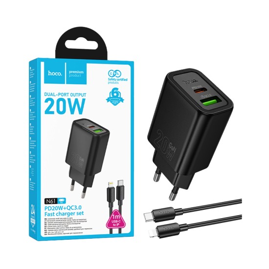 Hoco Charger N61 Gentle 2 Ports USB+Type-C PD20W GAN with Type-C to Lightning Cable 1m Black