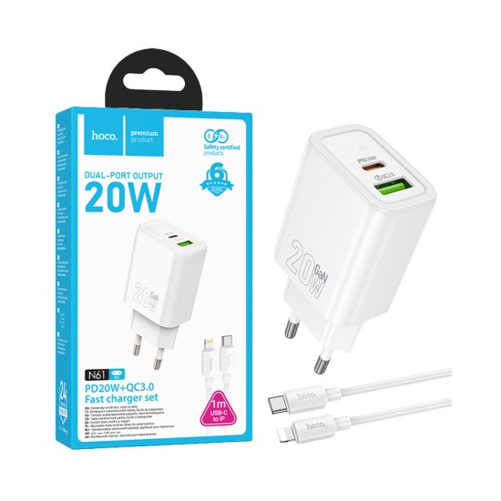 Hoco Charger N61 Gentle 2 Ports USB+Type-C PD20W GAN with Type-C to Lightning Cable 1m White