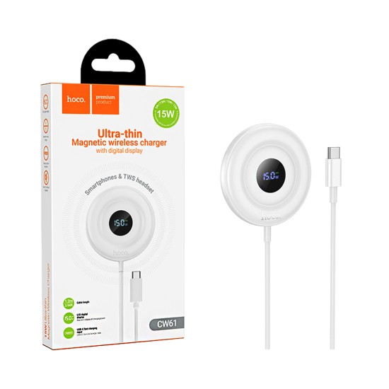 Carregador Rápido Sem Fio Magnético Hoco CW61 Phantom com display digital 15W 1,2m Branco