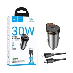 Carregador de Carro Hoco NZ16 Rigorous PD30W com Cabo Tipo-C para Lightning 1M Cinza Metálico Carregador de Carro Hoco NZ16 Rigorous PD30W com Cabo Tipo-C para Lightning 1M Cinza Metálico