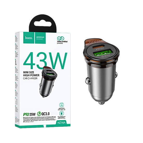 Carregador de Carro Hoco NZ16A Rigorous 2 Portas USB+Tipo-C PD43W Cinza Metalizado
