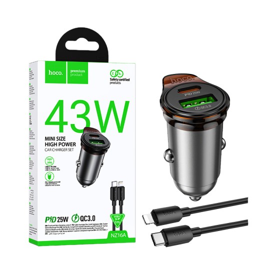 Carregador de Carro Hoco NZ16A Rigorous 2 Portas USB+Tipo-C PD43W com Cabo Tipo C para Lightning de 1m Cinza Metalizado