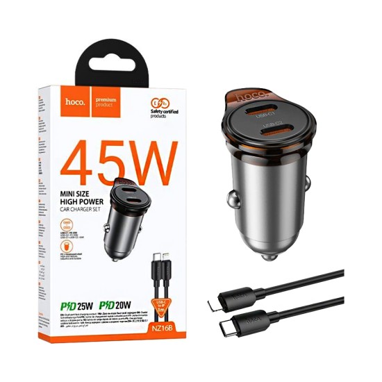 Carregador de Carro Hoco NZ16B Rigorous 2 Portas Tipo-C PD60W com cabo tipo C para Lightning 1m Cinza Metálico Carregador de Carro Hoco NZ16B Rigorous 2 Portas Tipo-C PD60W com cabo tipo C para Lightning 1m Cinza Metálico