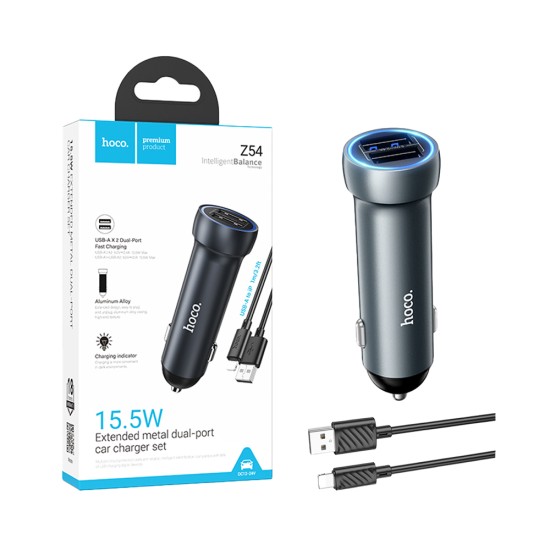 Hoco Car Charger Z54 Prosperous 2 Port USB 15.5W with Lightning Cable 1m Metal Gray Hoco Car Charger Z54 Prosperous 2 Port USB 15.5W with Lightning Cable 1m Metal Gray